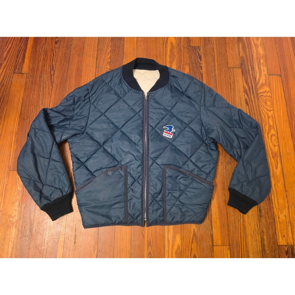 Vintage USPS Quilted Bomber Jacket Navy Blue Zip Up Uniform Workwear Mens XL